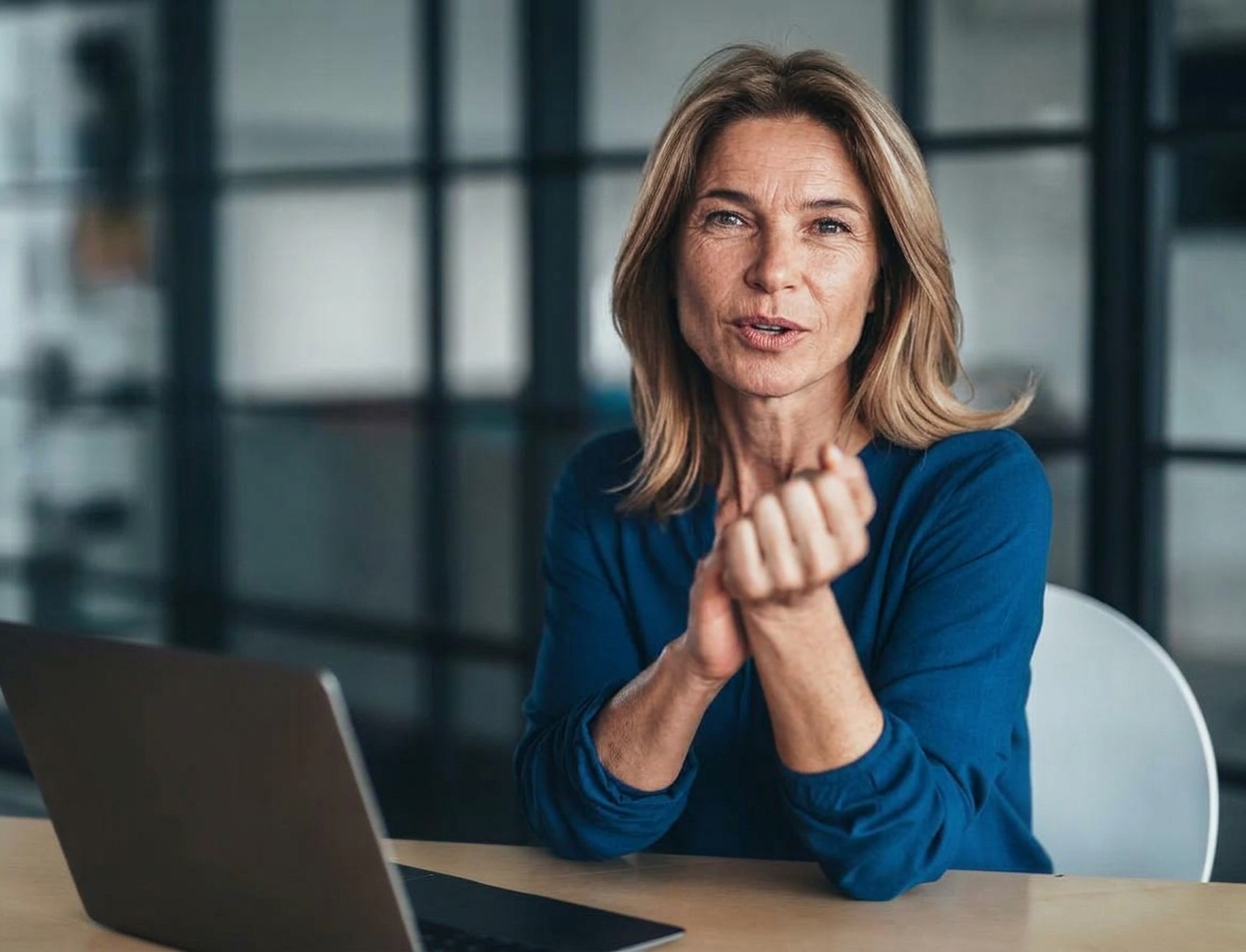Generated customer speaking at her laptop in an illustrative video call